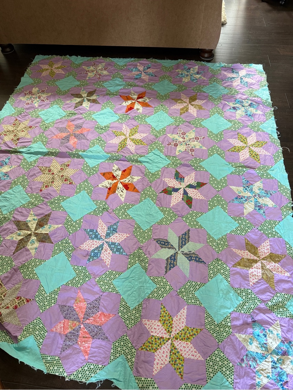 Vintage Patchwork Star Quilt top - Lavender and Aqua handmade UNFINISHED 98”x83”